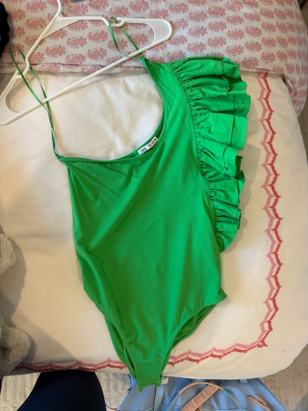 Zara Green One-Shoulder Ruffle Bodysuit